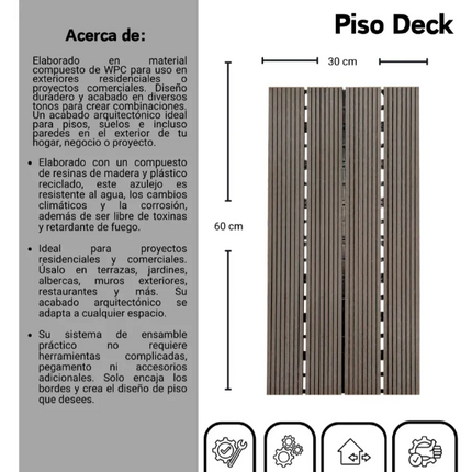Piso Deck Exterior WPC 60x30 cm Pack 10 | Losetas Modulares Tipo Madera para Jardín y Terraza