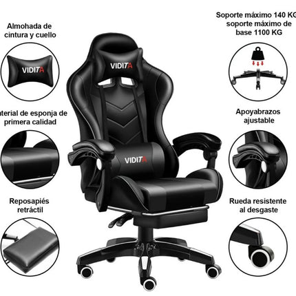Silla Gamer Vidita Ergonómica Negra de Poliuretano con Soporte Lumbar