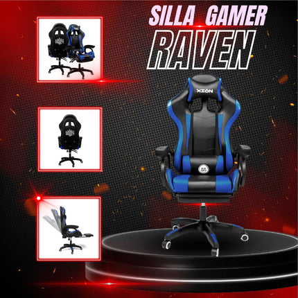 Silla Gamer Ergonómica RAVEN XION 135° con Masajeador Lumbar & Posapies Azul