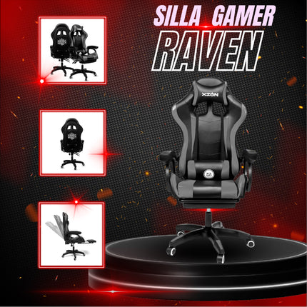 Silla Gamer Ergonómica RAVEN XION 135° con Masajeador Lumbar & Posapies Gris