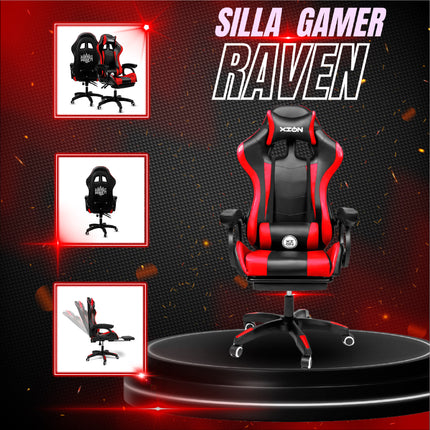 Silla Gamer Ergonómica RAVEN XION 135° con Masajeador Lumbar & Posapies Rojo