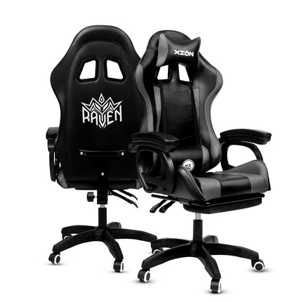 Silla Gamer Ergonómica RAVEN XION 135° con Masajeador Lumbar & Posapies Gris