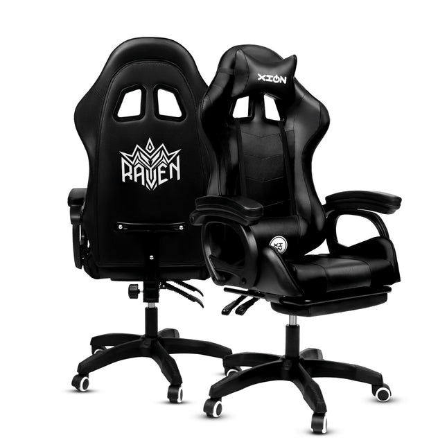Silla Gamer Ergonómica RAVEN XION 135° con Masajeador Lumbar & Posapies Negro