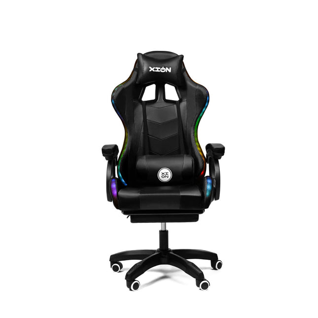 Silla Gamer con LUCES Ergonómica RAVEN RGB XION 135° con Masajeador Lumbar & Posapies Negro