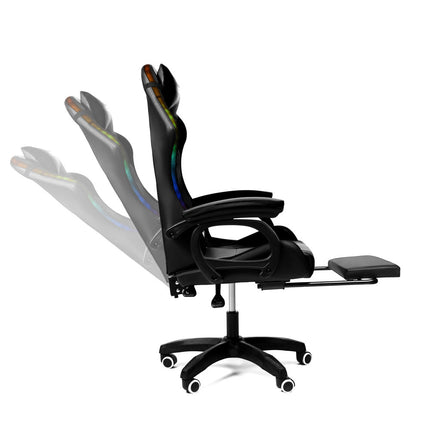 Silla Gamer con LUCES Ergonómica RAVEN RGB XION 135° con Masajeador Lumbar & Posapies Negro