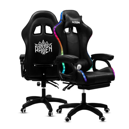 Silla Gamer con LUCES Ergonómica RAVEN RGB XION 135° con Masajeador Lumbar & Posapies Negro