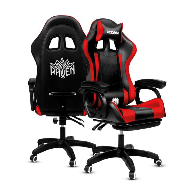 Silla Gamer Ergonómica RAVEN XION 135° con Masajeador Lumbar & Posapies Rojo