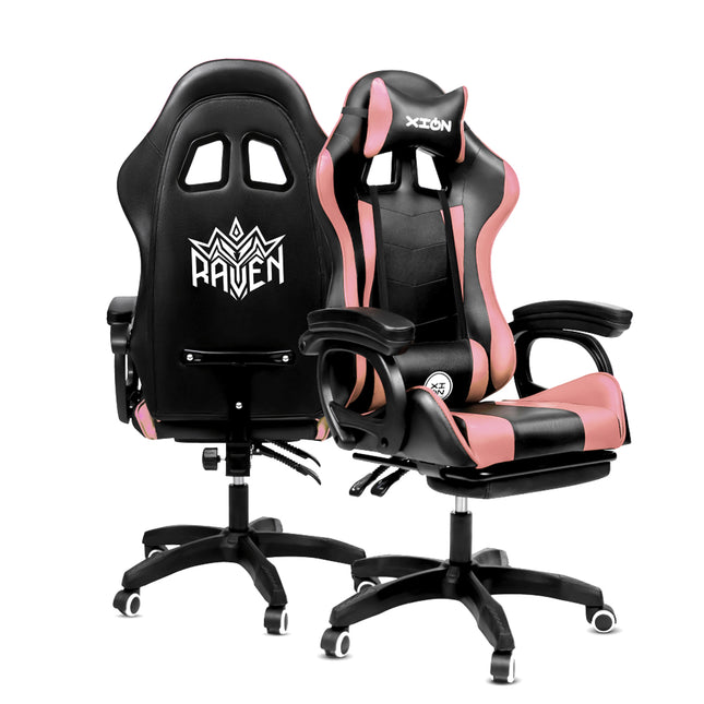 Silla Gamer Ergonómica RAVEN XION 135° con Masajeador Lumbar & Posapies Rosa
